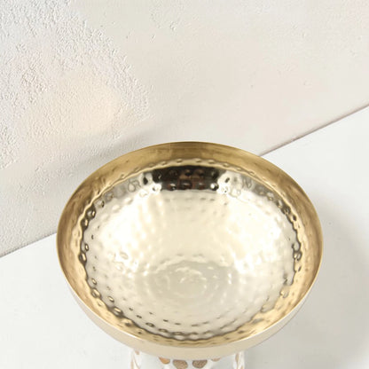Hammered Metal Pedestal Serving Bowl with Decorative Inlay Base – Elegant Elevated Fruit & Dessert Bowl for Table Centerpiece (20H x 20L x 20W CM)