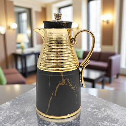 GERMAX Original Black Marble Vacuum Flask 1L – Luxury Gold & Silver Thermos | Premium Glass Liner | 12H Heat Retention | Arabic Coffee & Tea Pot | High-Gloss Metal Finish - Damoo