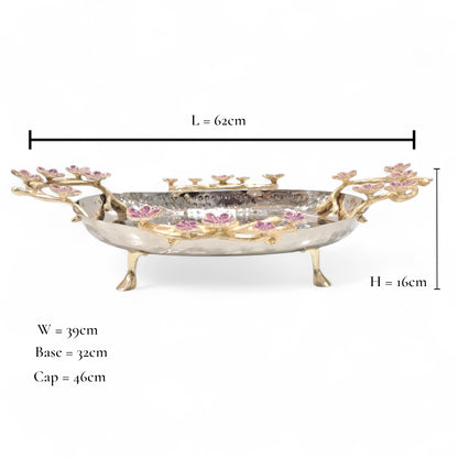 Elongated Hammered Oval Tray with Pink Floral Accents – Stainless Steel & Brass Decorative Serving Platter | Elegant Food-Safe Table Centerpiece - Damoo