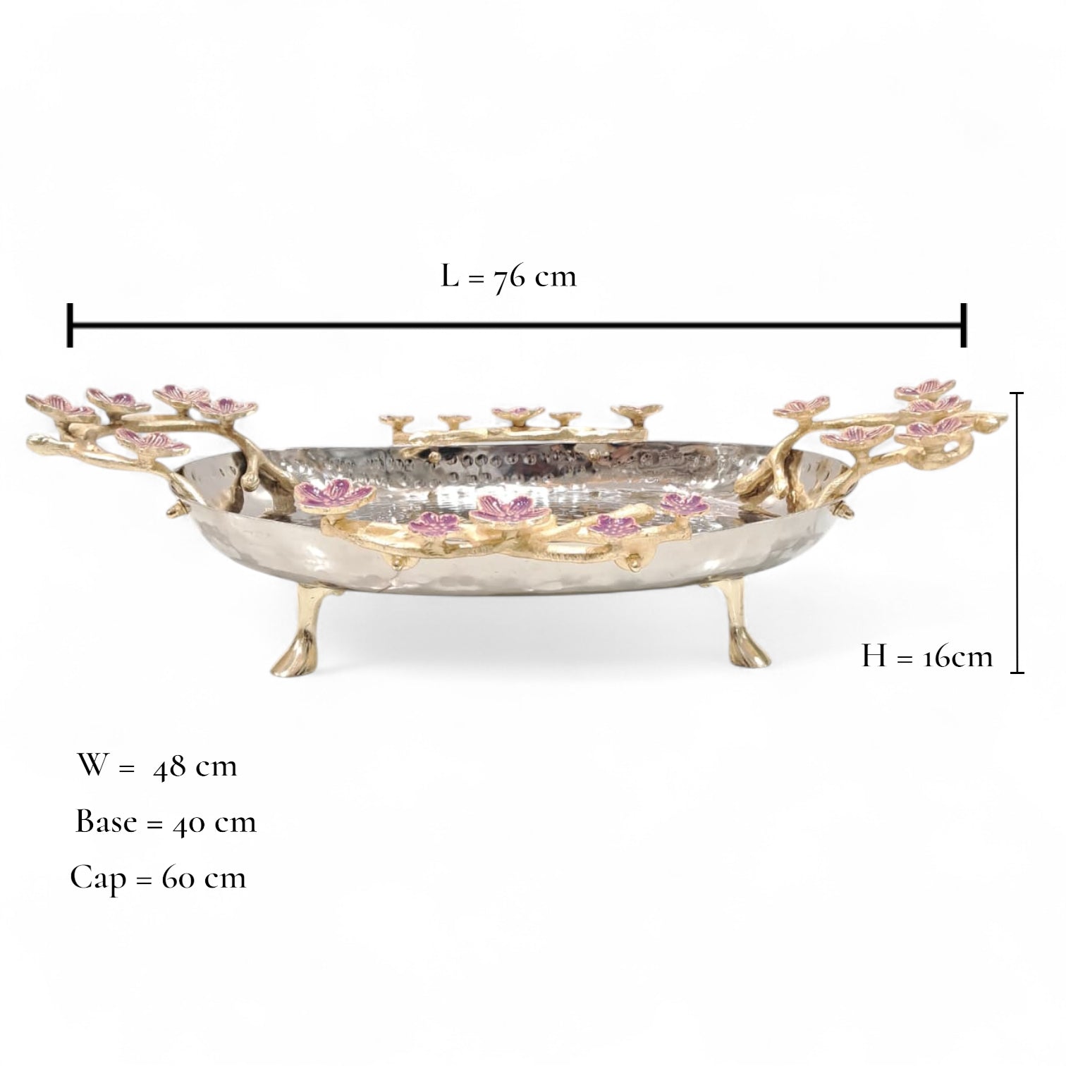 Elongated Hammered Oval Tray with Pink Floral Accents – Stainless Steel & Brass Decorative Serving Platter | Elegant Food-Safe Table Centerpiece - Damoo