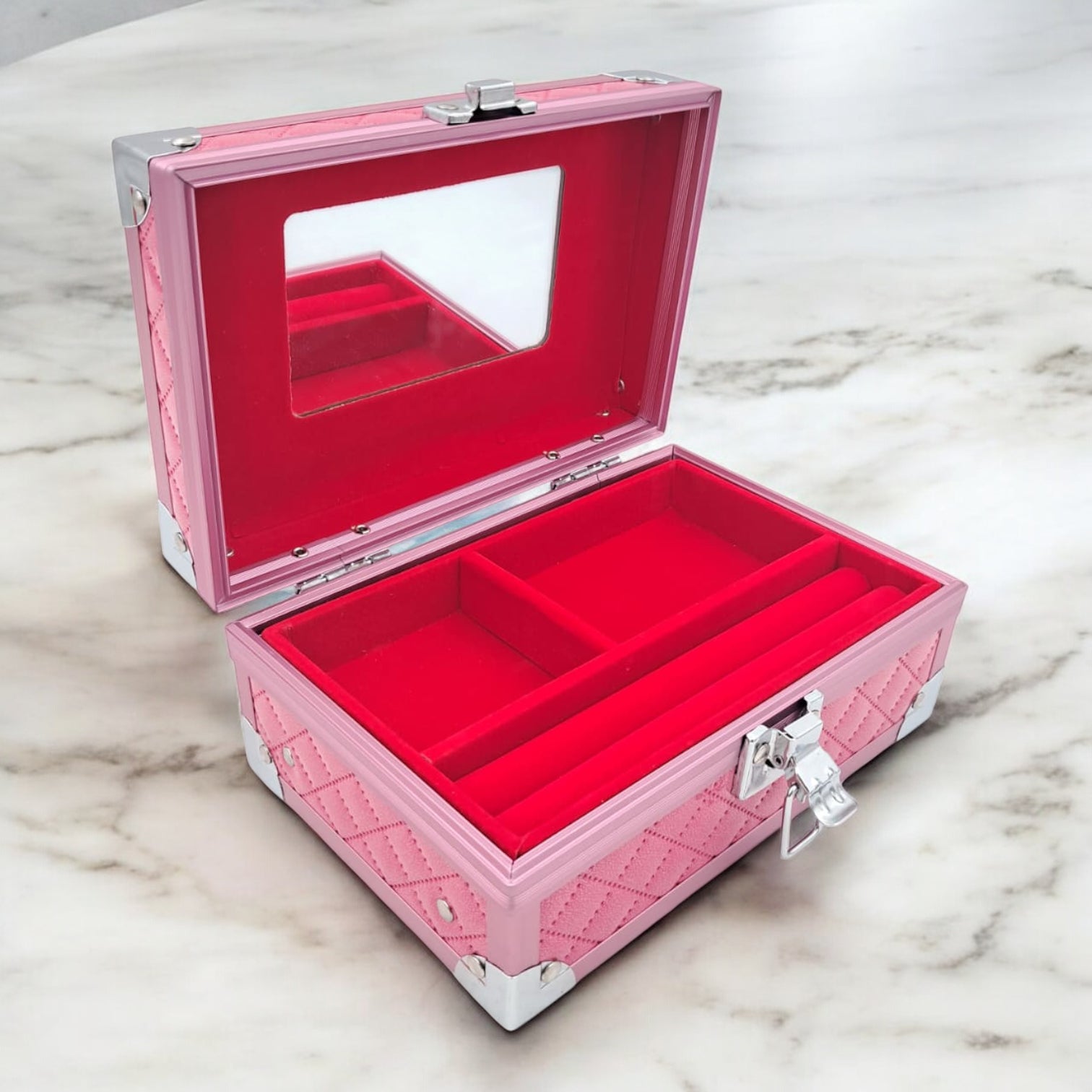 Premium Aluminum Jewelry Storage Box with Mirror & Removable Velvet Organizer – Compact Makeup & Accessories Case (H14cm x W13cm x L18cm) - Damoo