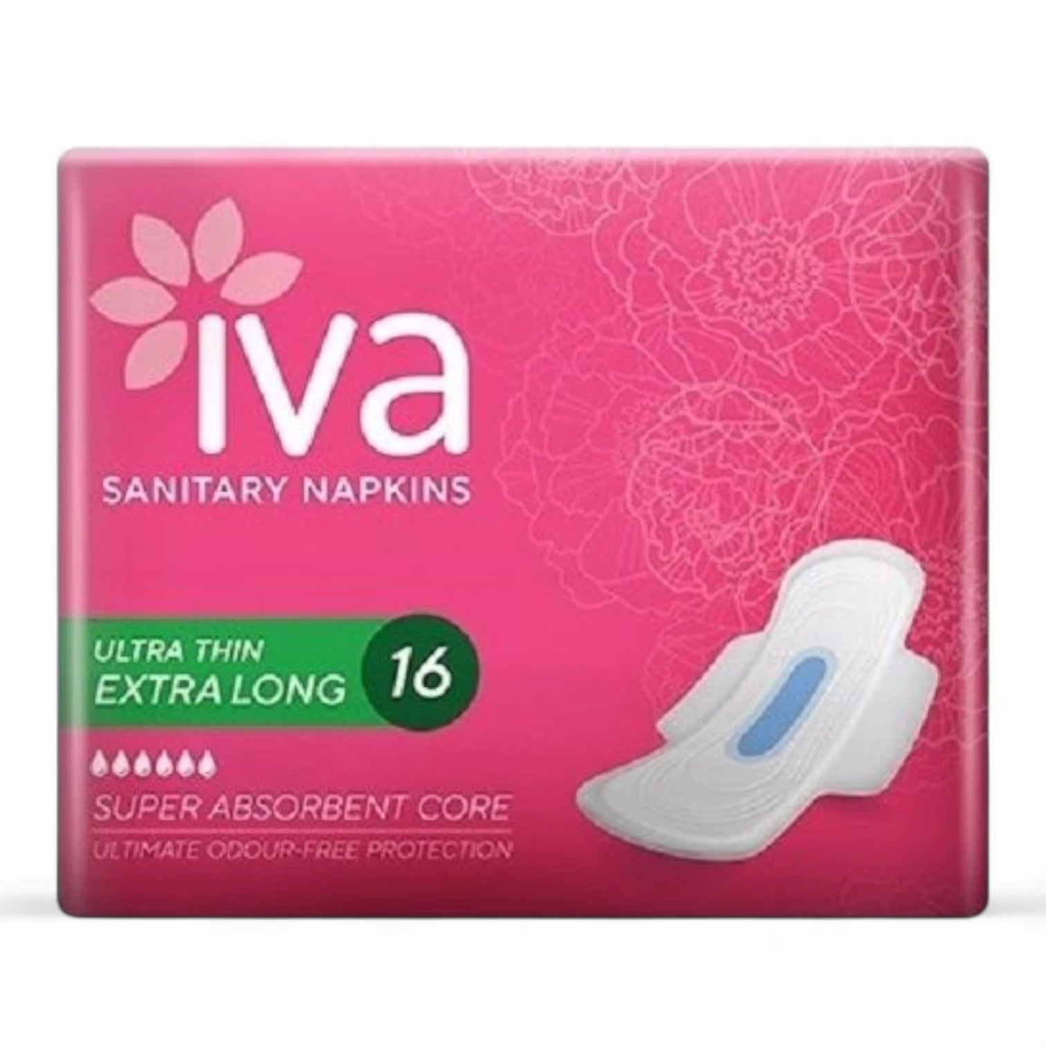 IVA Sanitary Napkins Ultra Thin Extra Long 16 Pads – Super Absorbent Core, Odour-Free Protection, Comfortable Daily Period Care - Damoo