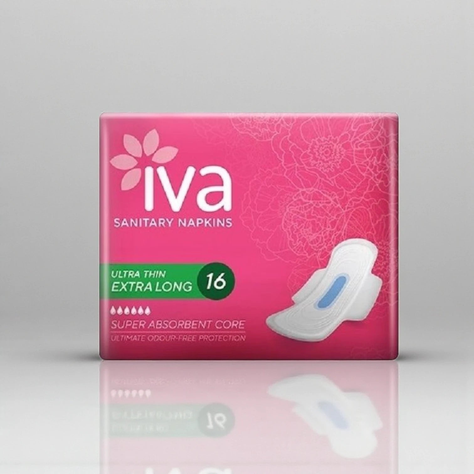 IVA Sanitary Napkins Ultra Thin Extra Long 16 Pads – Super Absorbent Core, Odour-Free Protection, Comfortable Daily Period Care - Damoo