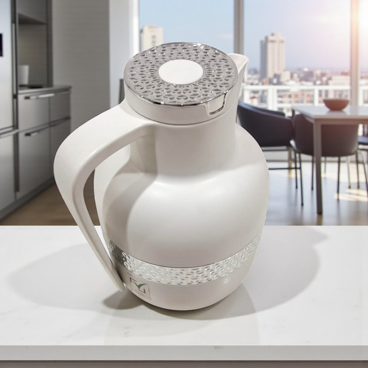 Ansa Original White Vacuum Flask 1L – Luxury Gold & Silver Band Thermos | Premium Insulated Glass Liner | 12H Heat Retention | Arabic Coffee & Tea Pot - Damoo