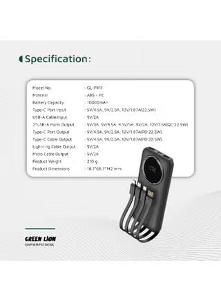 باور بانك GREEN LION POWER PULSE بسعة 10000mAh وشحن PD سريع 22.5W وشاشة رقمية وكابل شحن مدمج للاستخدام اليومي