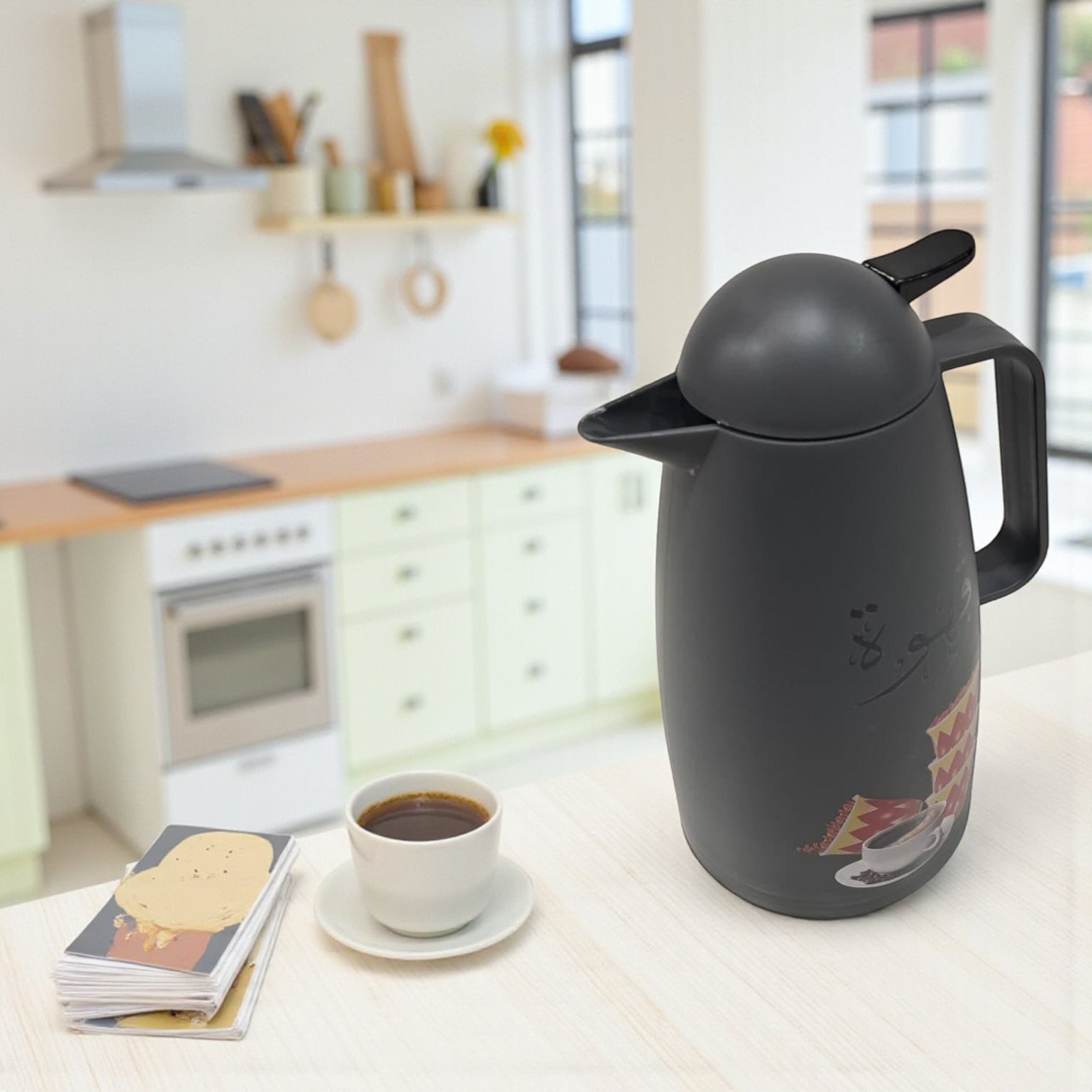 Crystal House Beige Thermos Flask – Arabic Coffee Design | Double-Wall Insulated Dallah Style Flask for Hot & Cold Drinks - Damoo