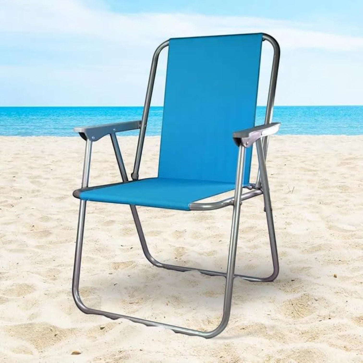 Striped Pattern Folding Beach Chair – Lightweight Portable Outdoor Sun Lounger with Armrests | Camping, Garden, Fishing & Picnic Deck Chair (Plain Blue)