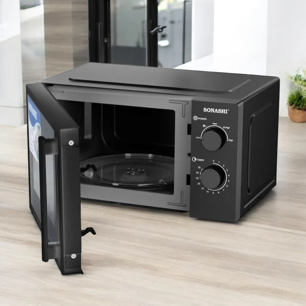 SONASHI 20L Manual Microwave Oven – SMO-920 Black | 700W Power, 245mm Turntable Glass Tray, 6 Power Levels, Defrost Function, 30-Min Timer, Pull Handle Door – Compact & Efficient Design for Everyday Cooking - Damoo