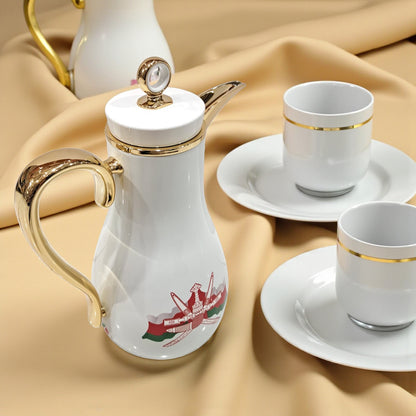 PILSCO with the official Oman Emblem Vacuum Flask Set (1L + 0.7L) – White & Gold Arabic Dallah Style Thermal Jug | Elegant Double Wall Insulated Coffee & Tea Flask Set - Damoo