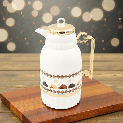 Traditional Arabic Tea Flask 1 Liter – Double Wall Insulated Glass Liner Zamzamiyah with Handle, Heritage Pattern Thermal Hot Beverage Jug, Available in Two Designs - Damoo
