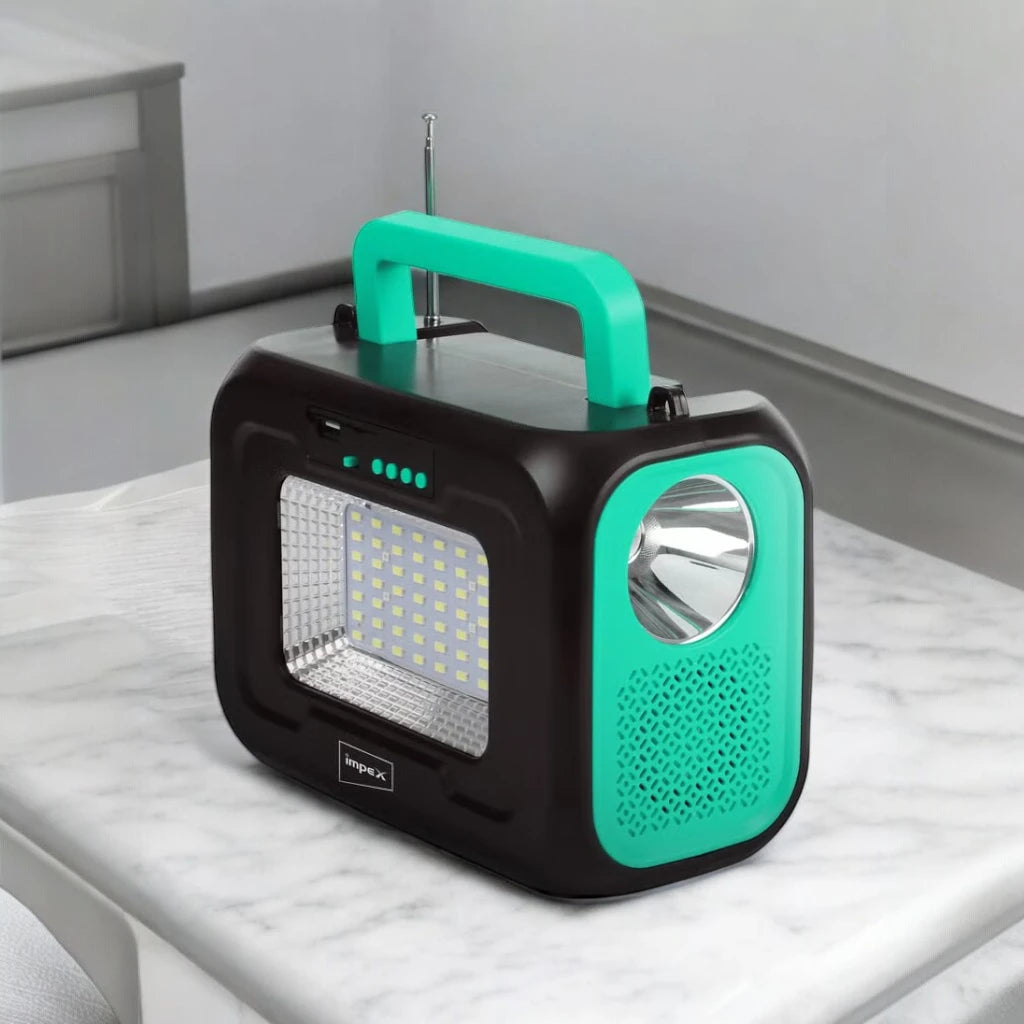 Impex Multifunctional Portable Power Station IP 12001 – 12000mAh Li-Iron Battery with 6V 8W Solar Panel, 5W Torch, FM Radio, Bluetooth Speaker, 3x2W LED Bulbs & Warning Lights – Ideal for Camping, Emergency & Outdoor Use - Damoo
