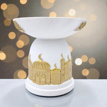 Elegant white and gold Ramadan serving dish inspired by Islamic architecture, perfect for dates, sweets, and majlis hospitality. - Damoo
