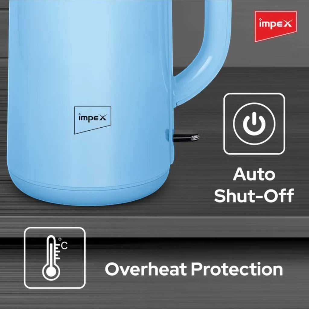 Impex 2.0L Double Layer Electric Kettle (Steamer 2002) – 1500W 304 Stainless Steel Kettle with Seamless Inner Body, FADA Double Controller, 360° Cordless Base, Auto Shut-Off & Indicator Light – Blue - Damoo