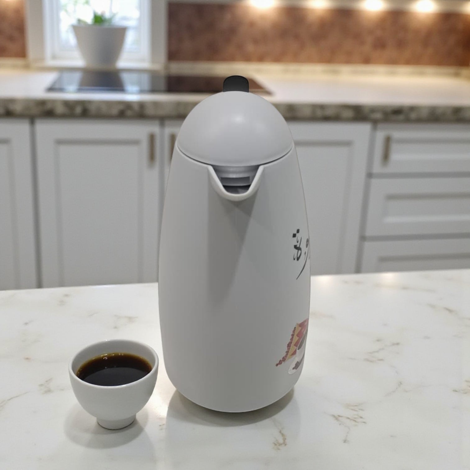 Crystal House Beige Thermos Flask – Arabic Coffee Design | Double-Wall Insulated Dallah Style Flask for Hot & Cold Drinks - Damoo