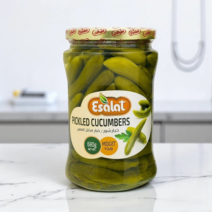 Esalat Pickled Cucumbers Midget, Crunchy Baby Cucumbers in Vinegar & Spices, Healthy Low-Calorie Snack & Side Dish for Salads, Sandwiches, Mezze – 680g x 2 Jars - Damoo