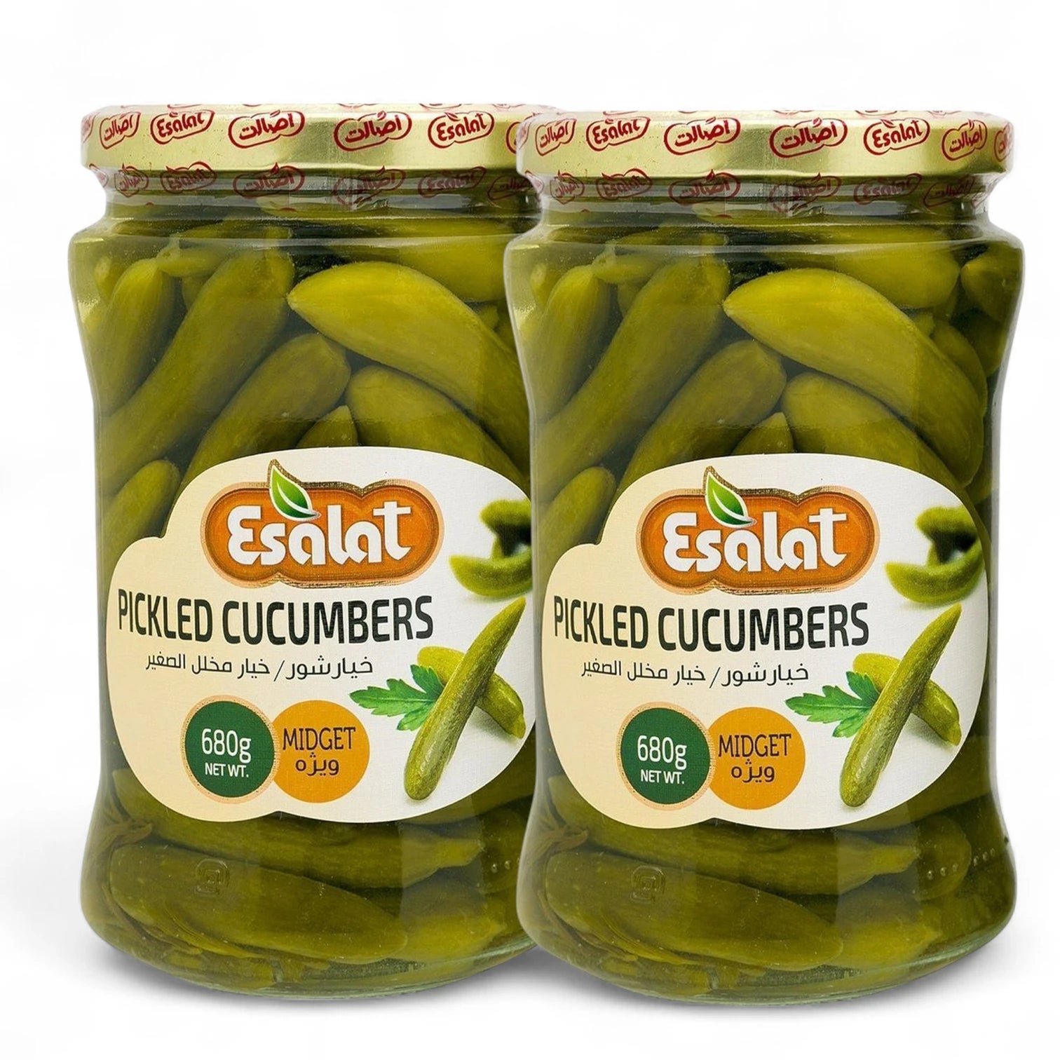 Esalat Pickled Cucumbers Midget, Crunchy Baby Cucumbers in Vinegar & Spices, Healthy Low-Calorie Snack & Side Dish for Salads, Sandwiches, Mezze – 680g x 2 Jars - Damoo
