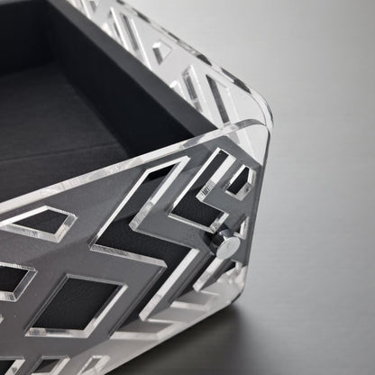 Rectangular Decorative Acrylic Box with Silver Geometric Design & Clear Lid – Elegant Storage or Tissue Case (H11cm x W18cm x L32cm | Cap 27cm)