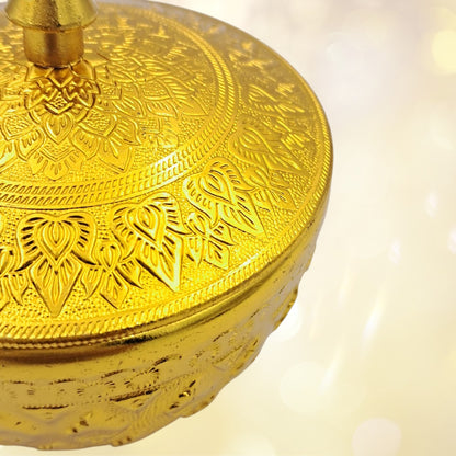 Thai Engraved Aluminum Sugar & Date Bowl with Lid | Silver & Gold | 8.5cm | Hospitality Dish for Sweets, Dates, Sugar & Arabic Coffee Service