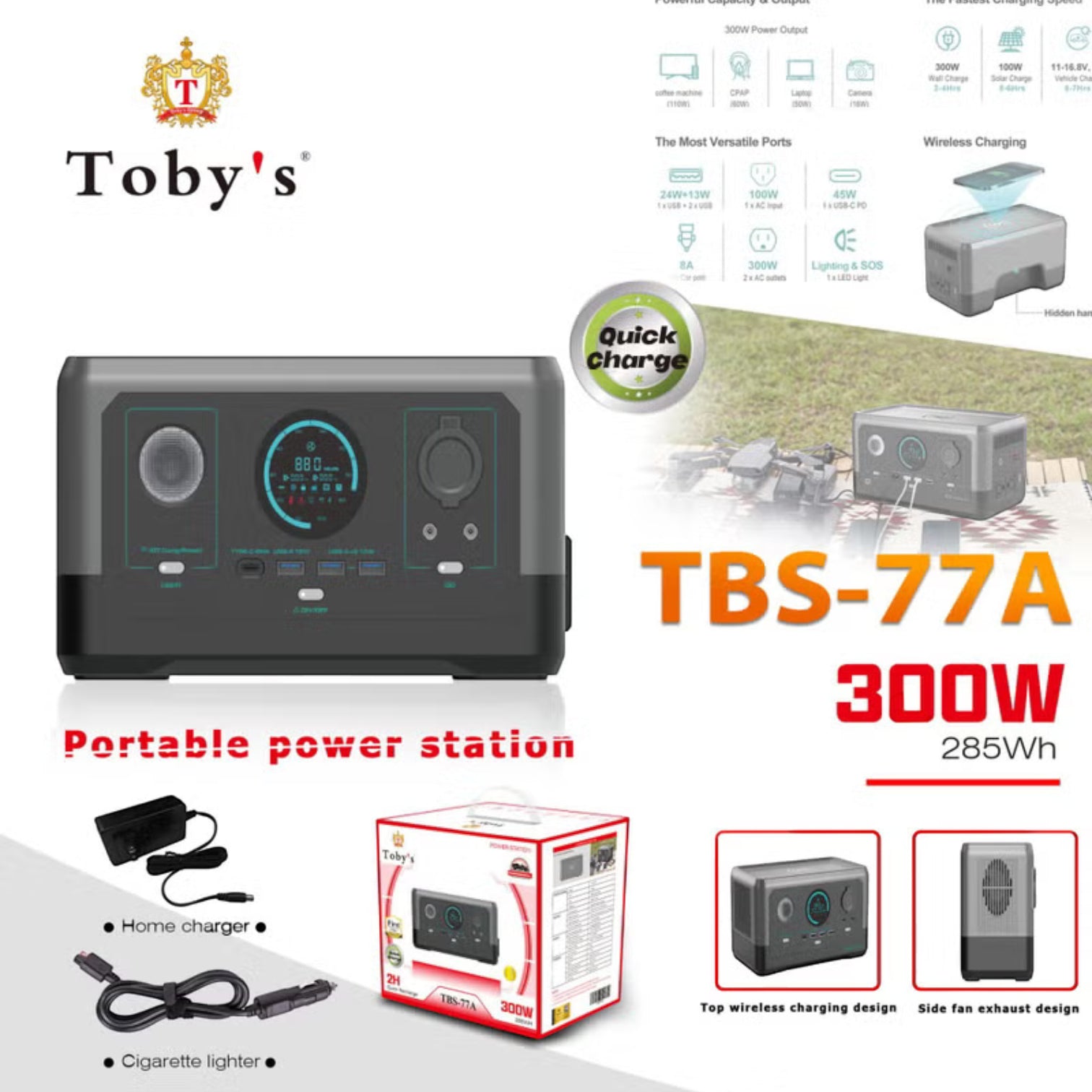 Toby's TBS-77A Portable Power Station 300W Max Power 76800mAh Battery with Wireless Charging, Multiple Outputs, Solar Input, Outdoor & Home Emergency Use