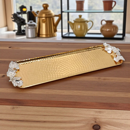Luxury Hammered Gold Rectangular Serving Tray with Silver Floral Handles – Stainless Steel Decorative Tray for Elegant Dining and Home Décor - Damoo