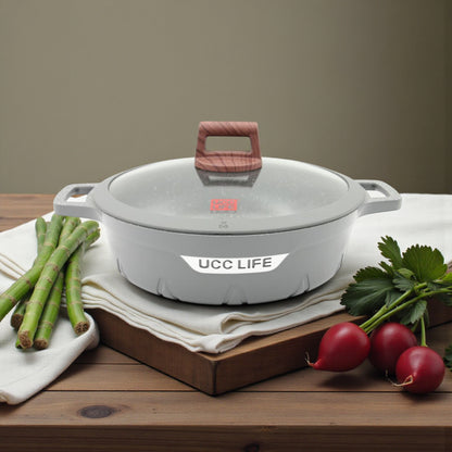 مجموعة أواني طهي جرانيت غير لاصقة من يو سي سي لايف، مكونة من ١٠ قطع - أواني طهي من الألومنيوم المطروق بأغطية زجاجية (٢٠ سم، ٢٤ سم، ٢٨ سم، ٣٢ سم، ومقلاة عميقة ٢٨ سم) 