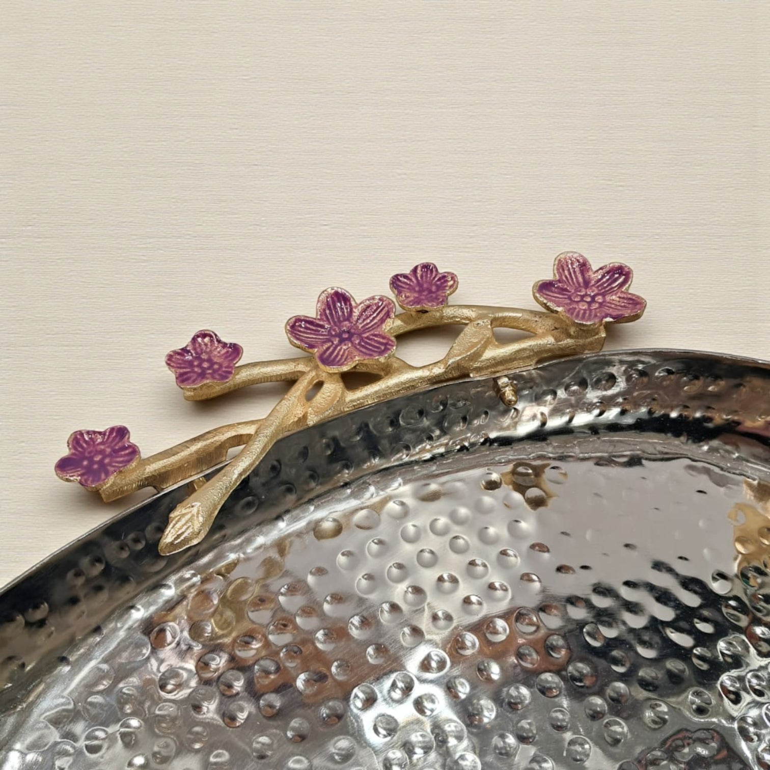 Elongated Hammered Oval Tray with Pink Floral Accents – Stainless Steel & Brass Decorative Serving Platter | Elegant Food-Safe Table Centerpiece - Damoo