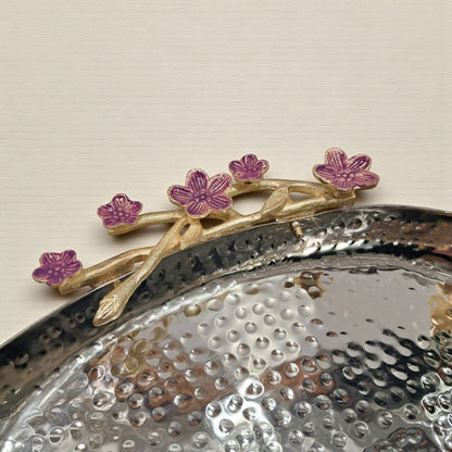 Elongated Hammered Oval Tray with Pink Floral Accents – Stainless Steel & Brass Decorative Serving Platter | Elegant Food-Safe Table Centerpiece - Damoo