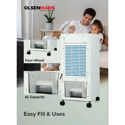 Olsenmark 3-in-1 Portable Air Cooler – Air Purifier, Humidifier & Cooling Fan | 6L Water Tank, Ice Packs, Adjustable Speed, Quiet Operation, Heater Function, 65W - OMAC1783 – White - Damoo