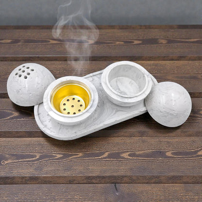 Modern Marble-Style Incense Burner Set with Tray & Storage Box – White Decorative Bakhoor Burner for Home, Majlis & Prayer Space (Burner: 9.5H x 10L × 10W CM) - Damoo