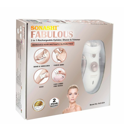 Sonashi Epilator & Trimmer for Women – SLD-824 | 3 Attachments, Washable Head, Stainless Steel Blades, LED Light, 45 Min Usage Time - Damoo