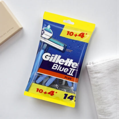 Gillette Blue II Plus Men’s Disposable Razors – 2 Chromium-Coated Blades, Lubrastrip with Aloe & Vitamin E, Soft Grip Handle – Pack of 14 (10+4 Free) - Damoo