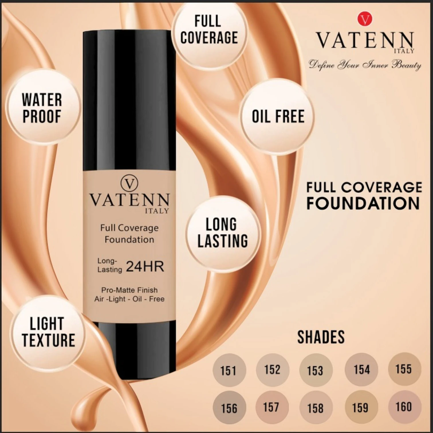 Vatenn Italy Full Coverage Foundation – Shade #155 Tan. Long-lasting, lightweight foundation with smooth, flawless finish. Available in matte, dewy & natural finishes. - Damoo