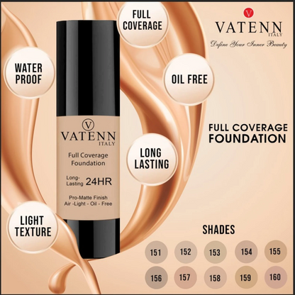 Vatenn Italy Full Coverage Foundation – Shade #155 Tan. Long-lasting, lightweight foundation with smooth, flawless finish. Available in matte, dewy & natural finishes. - Damoo