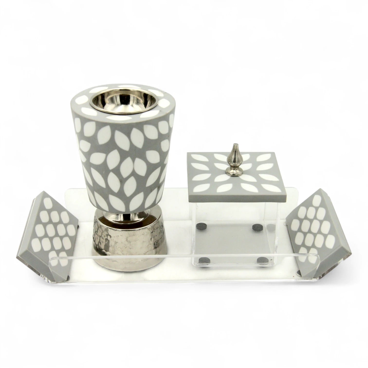 3-Piece Acrylic Home Décor Set – Decorative Tray with Unique Handles, Incense Burner (Madkhan) & Square Storage Box for Oud & Bakhoor - Damoo