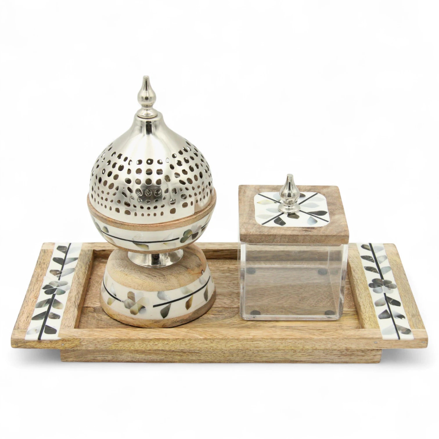 3-Piece Oud & Bakhoor Incense Set – Wooden Acrylic Tray with Floral Handles + Decorative Madkhan + Matching Storage Box - Damoo