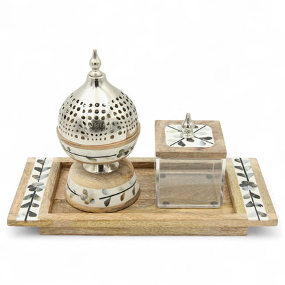 3-Piece Oud & Bakhoor Incense Set – Wooden Acrylic Tray with Floral Handles + Decorative Madkhan + Matching Storage Box - Damoo