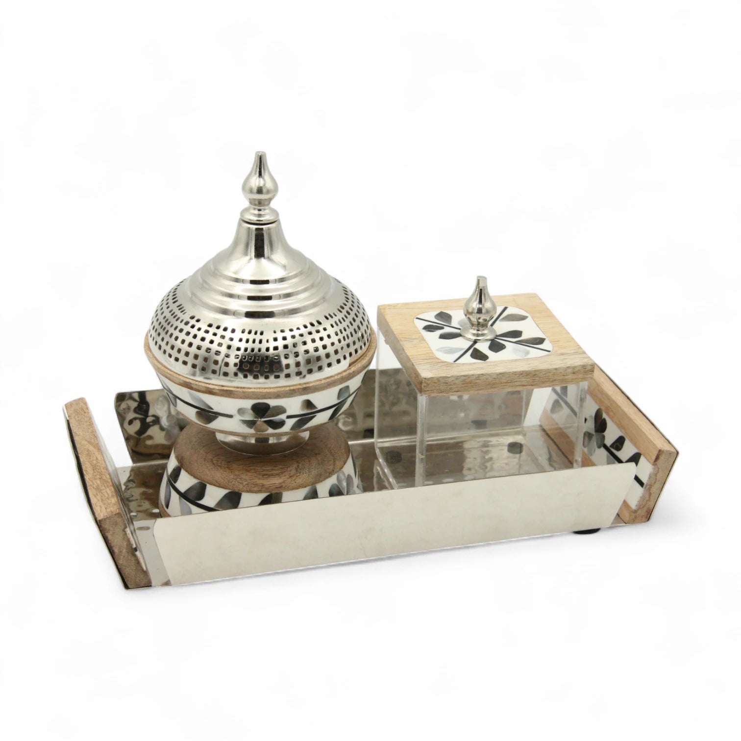 3-Piece Wooden Acrylic Incense Burner Set – Decorative Tray with Elegant Handles, Traditional Madkhan & Square Oud Storage Box | Home Décor Gift Set - Damoo