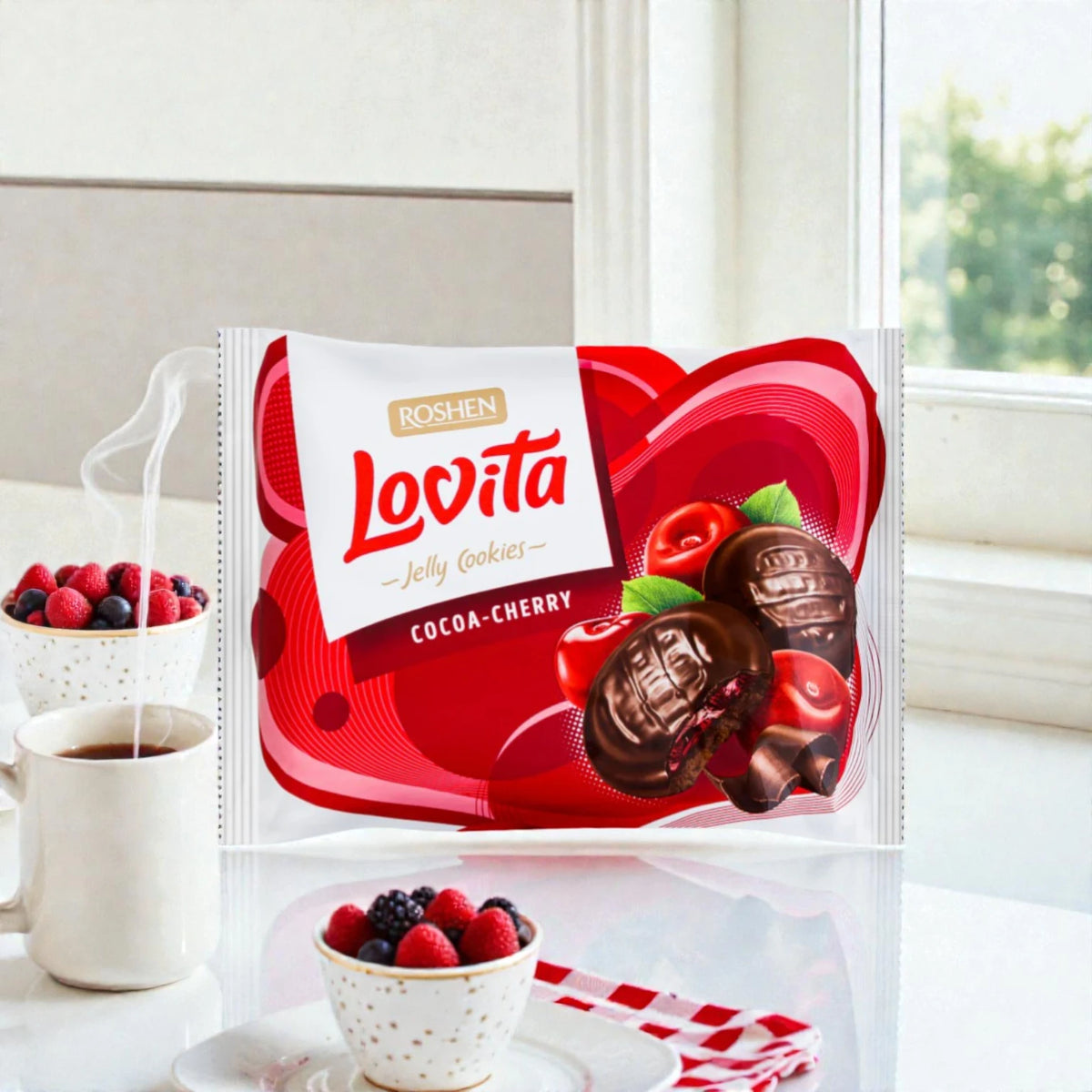 Roshen Lovita Cookies with Cherry Jelly Filling 135g (4.76 oz) – Cocoa Cookies with Sweet & Tart Cherry Center, Soft Biscuit Snack Treat - Damoo
