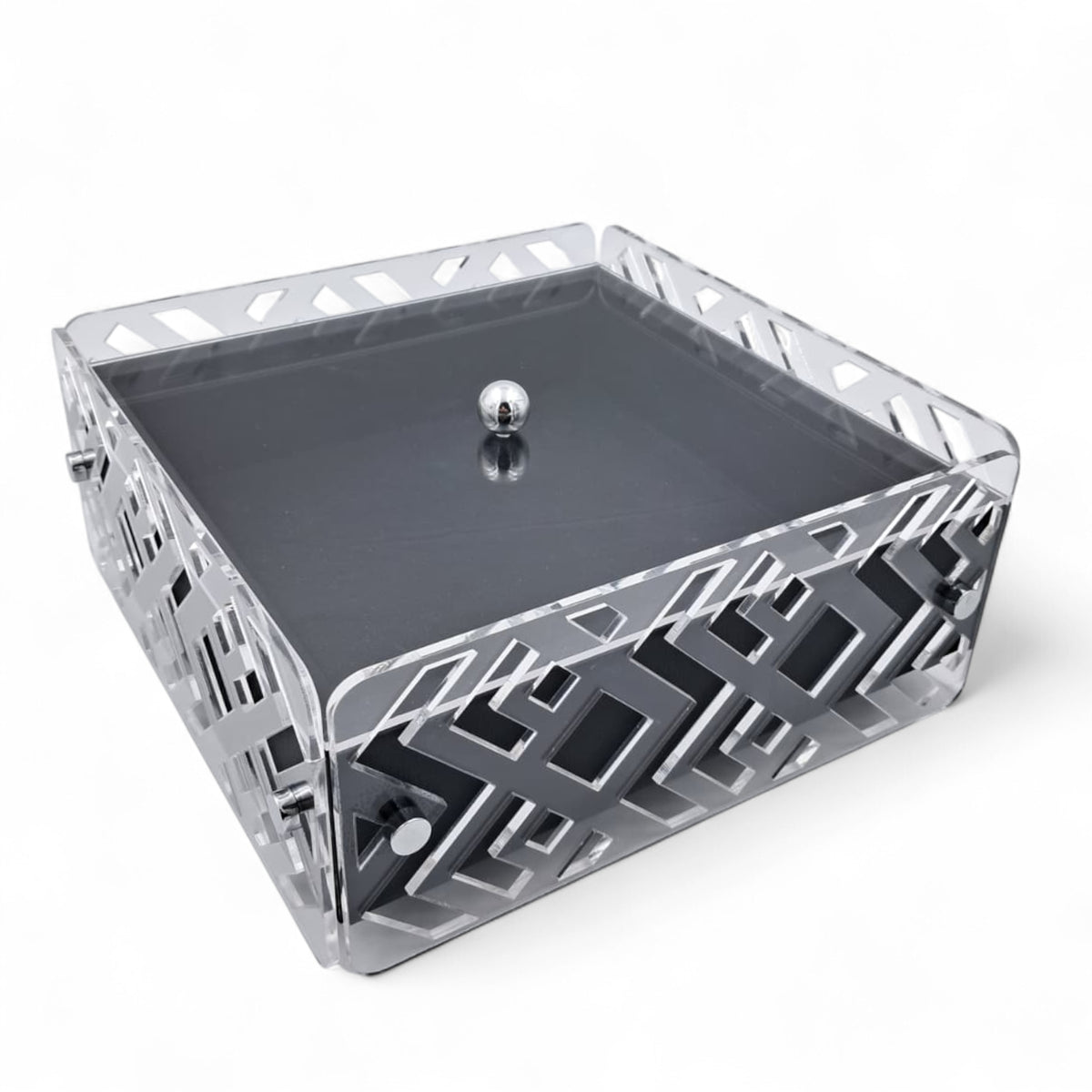 Rectangular Decorative Acrylic Box with Silver Geometric Design & Clear Lid – Elegant Storage or Tissue Case (H11cm x W18cm x L32cm | Cap 27cm)
