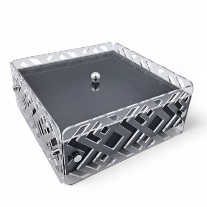 Rectangular Decorative Acrylic Box with Silver Geometric Design & Clear Lid – Elegant Storage or Tissue Case (H11cm x W18cm x L32cm | Cap 27cm)
