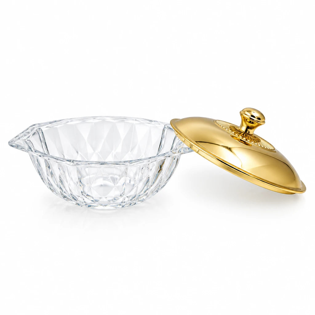 Multi-Purpose Acrylic Serving Bowl with Lid Gold Knob Decorative Table Bowl for Sweets Nuts & Snacks (H(13cm) x W(19.5cm) x L(22cm) x Base(18cm) x cap(18cm)) - Damoo