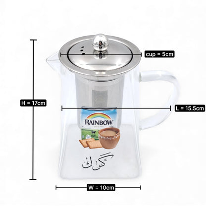 Karak Tea Glass Kettle with Stainless Steel Filter | Heat Resistant Borosilicate Pitcher with Detachable Fine Mesh Infuser | Stovetop Safe | Premium Glass Pot for Chai, Tea & Herbal Drinks