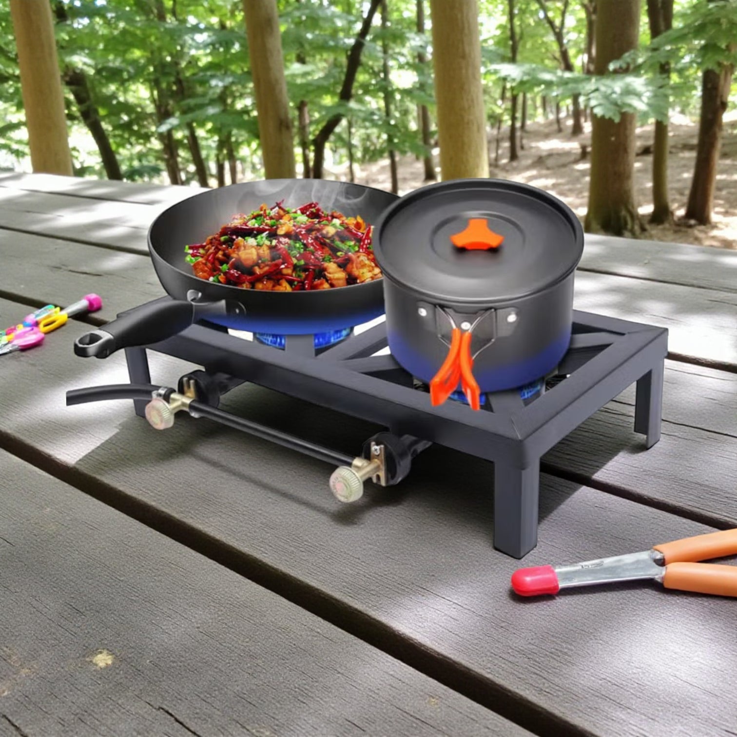 Heavy Duty Cast Iron Double Gas Burner Stove – Durable 2 Burner High Heat Outdoor & Indoor Gas Cooking Range – Portable LPG Gas Cooker for Camping, Catering, BBQ, and Home Kitchen Use