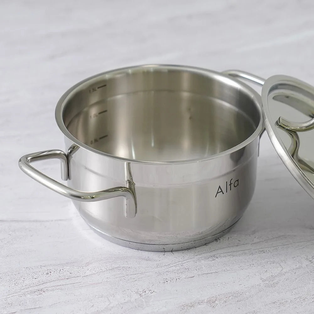 Alfa 15 Pieces Premium Stainless Steel Cookware Set – Induction Base, Silver Pots and Pans with 2.0–12L Capacities