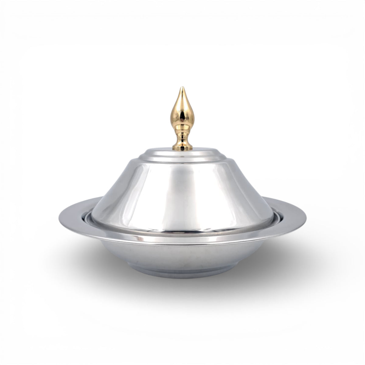 Praylady Marina Stainless Steel Serving Bowl With Gold Knob Lid – Luxury Date & Sweets Dish for Arabic Hospitality (20H x 24L × 24W CM) - Damoo