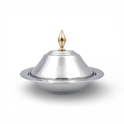 Praylady Marina Stainless Steel Serving Bowl With Gold Knob Lid – Luxury Date & Sweets Dish for Arabic Hospitality (20H x 24L × 24W CM) - Damoo