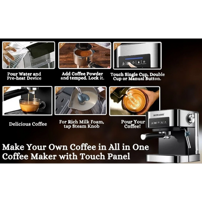 Sonashi All-in-One Coffee Machine – 850W Espresso Maker with Touch Control Panel, 15 Bar Pressure, 1L Removable Water Tank, Steam Nozzle & Overheat Protection – Countertop Coffee Maker for Home & Office - SCM-4964 - Damoo