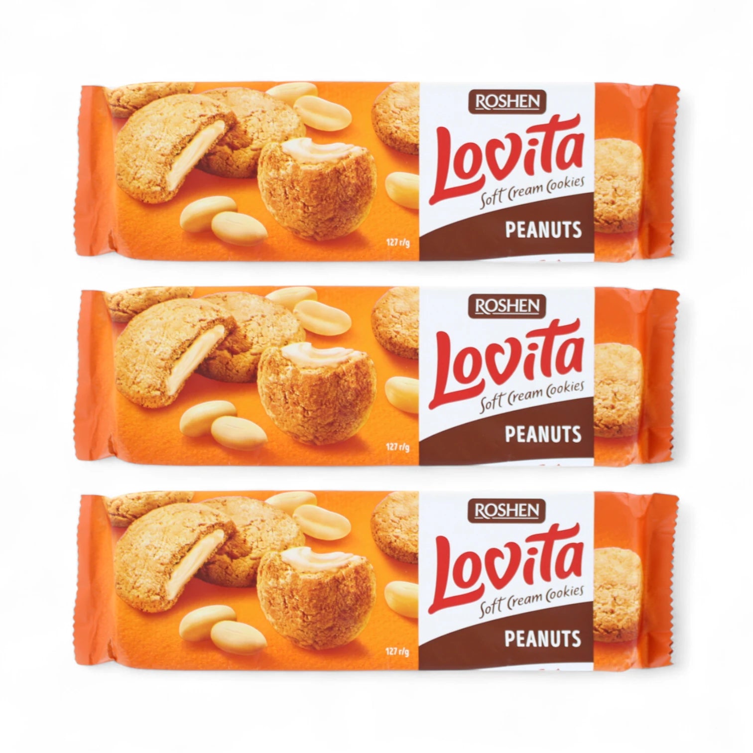 ROSHEN Lovita Soft Cream Cookies with Peanut Butter Filling – 3 x 127g Packs | Ukrainian Sweet Treat | Soft, Chewy Texture & Nutty Delight | Great Gift or Snack - Damoo