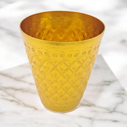 Premium Gold Embossed Aluminum Drinking Cup – Traditional Majlis Water/Tea Glass – Durable Outdoor Camping Tumbler (H 10.5cm × L 9cm × W 9cm × Base 5.5cm) - Damoo
