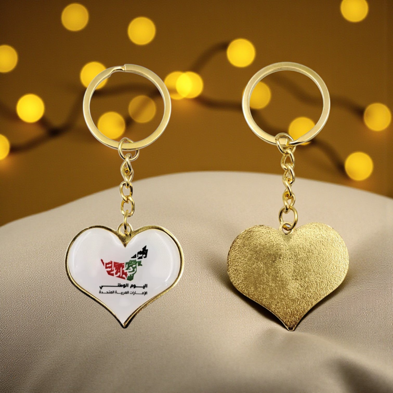 UAE National Day Heart Keychain – Gold Metal Key Ring with Emirati Map Design | 9cm x 4cm Patriotic Souvenir Gift - Damoo
